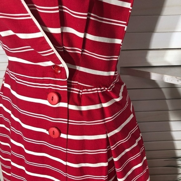 Vintage 80s Lucy Red and White Striped Cotton Nautical Midi Dress S - Picture 9 of 13